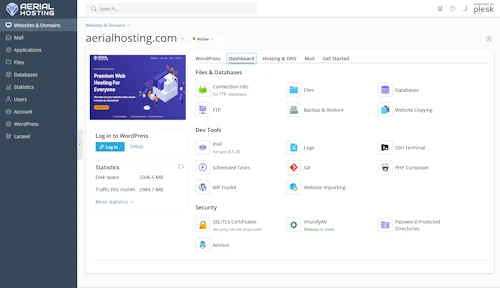 plesk control panel aerial hosting